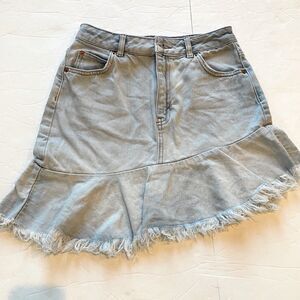 Topshop Moto Blue Indigo Denim Skirt, asymmetric frayed hem, size 4